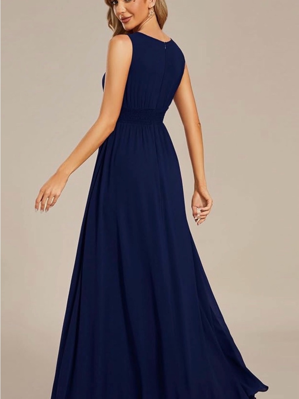 Amazon Navy Sleeveless Chiffon Prom Gown with Sequin Waistband - Picture 3 of 8